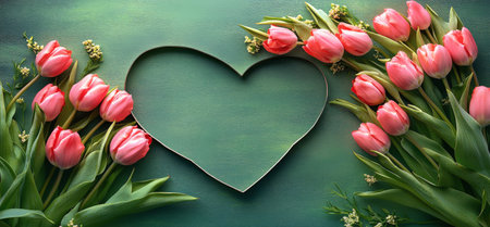 Pink tulips are arranged in a heart shape around a cut out heart, set against a vibrant green background, creating a romantic and cheerful atmosphere perfect for spring celebrations.の素材