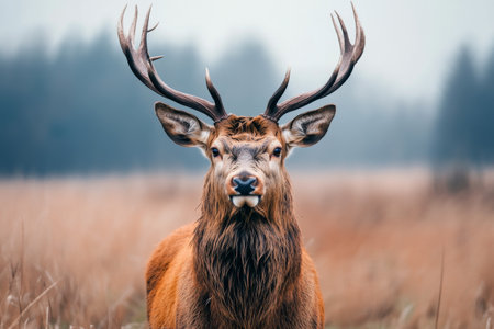 A large stag with impressive antlers stands confidently in a foggy meadow. The early morning light casts a soft glow over the serene landscape, highlighting the stags features and surroundings.の素材