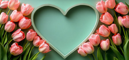 Pink tulips are arranged in a heart shape around a cut out heart, set against a vibrant green background, creating a romantic and cheerful atmosphere perfect for spring celebrations.の素材