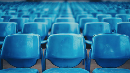 The rows of blue seats are neatly arranged in a large sports venue, waiting for fans to arrive for the next event. The bright colors highlight the spacious atmosphere of the stadium.の素材