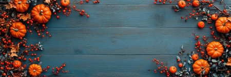 Bright orange pumpkins with lush autumn leaves and colorful berries are artistically arranged on a striking blue wooden table, creating a vivid display of fall beauty and seasonal charm.の素材