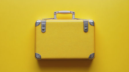 A sturdy yellow suitcase is placed against a matching bright yellow background. It features a solid handle and secure metal clasps, ideal for travel or storage.の素材