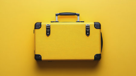 A sturdy yellow suitcase is placed against a matching bright yellow background. It features a solid handle and secure metal clasps, ideal for travel or storage.の素材