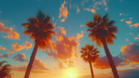 As the sun sets on a beautiful tropical evening, vibrant orange and yellow hues fill the sky, illuminating palm trees silhouetted against the colorful backdrop of clouds.の素材