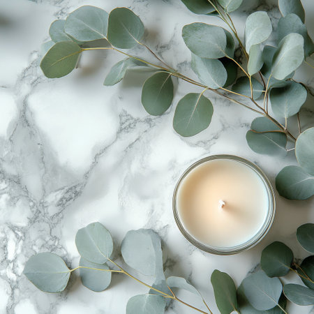 A lit candle sits at the center surrounded by lush eucalyptus leaves, all showcased on an elegant marble surface, creating a calming and inviting atmosphere.の素材