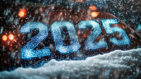 The year 2025 is displayed in bright blue against a black surface, covered by falling snowflakes, creating a wintery atmosphere. The icy texture adds a seasonal touch to the setting.の素材
