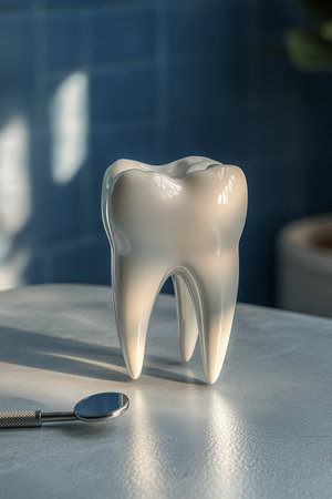 A large model of a tooth is placed on a blue table. A dental mirror lies beside it, illuminated by natural light coming through a nearby window.の素材
