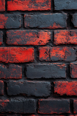 A close up view of a textured wall displaying a mix of red and weathered white bricks. The uneven surface highlights the rustic charm, ideal for interior or exterior design inspiration.の素材