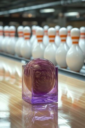 A colorful bowling ball balances on a purple cube, set against a vibrant bowling alley filled with pins and bright lights. The atmosphere is lively and inviting for bowlers.の素材