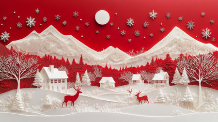 A picturesque winter landscape features white paper craft houses, deer, and snowflakes against a vibrant red background. The scene captures the essence of holiday festivities and cheer.の素材
