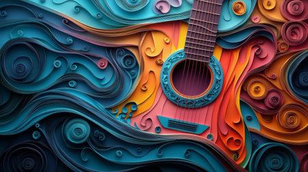 The artwork features a beautifully crafted guitar surrounded by intricate, swirling patterns made of colorful paper curls and floating musical notes, creating a lively atmosphere.の素材