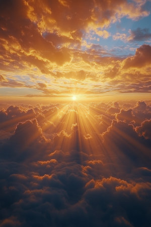 A stunning sunrise breaks over the horizon, casting warm golden rays through fluffy clouds. The vibrant colors of dawn create a serene atmosphere, promising a beautiful day ahead.の素材