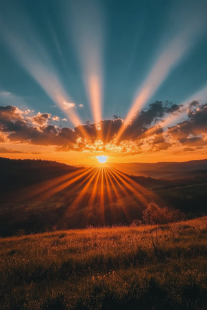 A stunning sunrise breaks over the horizon, casting warm golden rays through fluffy clouds. The vibrant colors of dawn create a serene atmosphere, promising a beautiful day ahead.の素材