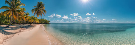 A tropical beach stretches along the shore, featuring soft sand and clear turquoise waters. Palm trees sway gently in the warm breeze under a bright blue sky filled with fluffy white clouds.の素材