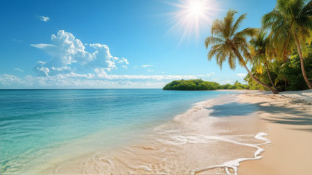 The view captures a tranquil tropical beach with soft sand and gentle waves lapping at the shore. Palm trees provide shade while fluffy clouds drift in the blue sky.の素材