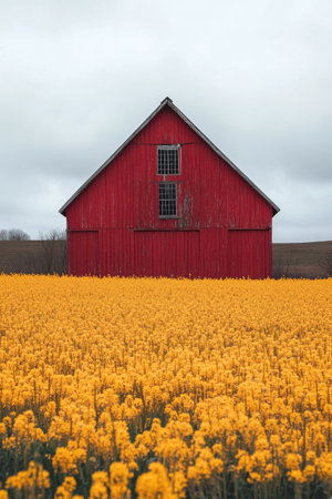 The striking red barn stands tall amidst a field blooming with bright yellow flowers, under a gray and cloudy sky, showing a beautiful rural landscape that captures natures colors.の素材