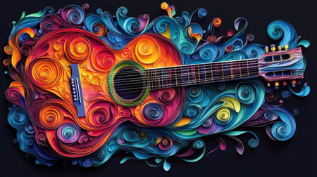 The artwork features a beautifully crafted guitar surrounded by intricate, swirling patterns made of colorful paper curls and floating musical notes, creating a lively atmosphere.の素材