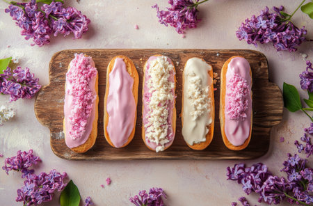 Three elongated pastries with glossy frosting are artistically arranged on a wooden board.の素材