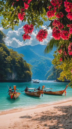 A beautiful beach surrounded by lush greenery features vibrant flowers framing the view. Several boats are anchored on calm waters, reflecting a clear sky and distant mountains.の素材