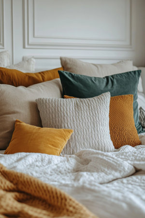 A comfortable bedroom is filled with an array of vibrant pillows in shades of yellow, green, and patterned fabrics. The warm tones create a welcoming and inviting ambiance in the space.の素材