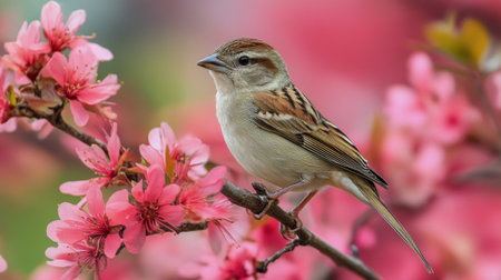 A delicate bird with blue and white feathers sits quietly on a branch of cherry blossoms in full bloom. The soft pink flowers create a serene and colorful spring atmosphere.の素材