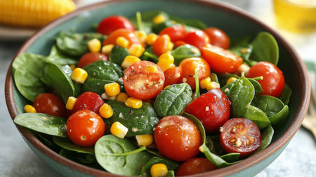 A vibrant bowl filled with fresh spinach leaves, sliced cherry tomatoes, and sweet corn kernels. The dish is placed against a dark backdrop, enhancing its colorful ingredients.の素材