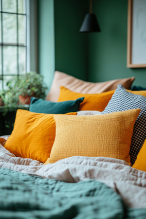 A comfortable bedroom is filled with an array of vibrant pillows in shades of yellow, green, and patterned fabrics. The warm tones create a welcoming and inviting ambiance in the space.の素材