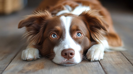 The brown and white dog lies comfortably on a wooden floor, with its ears perked up and bright blue eyes gazing curiously. Sunlight softly illuminates the relaxed atmosphere.の素材