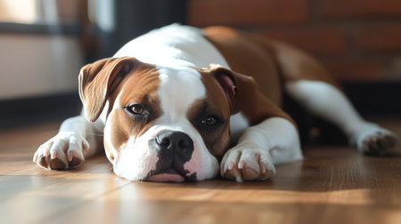 The brown and white dog lies comfortably on a wooden floor, with its ears perked up and bright blue eyes gazing curiously. Sunlight softly illuminates the relaxed atmosphere.の素材