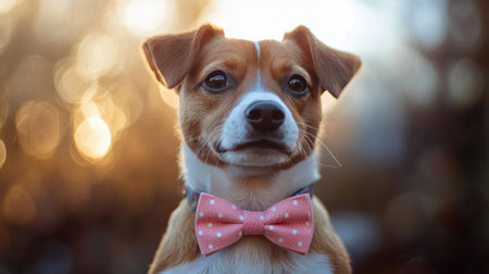 A brown dog with striking blue eyes stands in a snowy environment, adorned with a pink bow tie. The wintry setting creates a serene atmosphere, highlighting the dogs charming expression.の素材