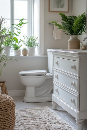 A well designed bathroom features a clean white toilet, a stylish storage cabinet, and lush green plants by the window, creating a serene atmosphere filled with natural light.の素材