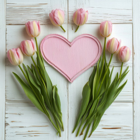 Beautiful pink tulips are creatively arranged to form a heart shape on a rustic wooden surface, perfect for expressing love and affection. The delicate flowers feature fresh green leaves.の素材