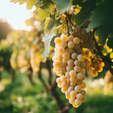 Clusters of ripe white grapes dangle from a vine, capturing the golden sunlight in a vineyard. The lush green foliage surrounds the grapes, indicating a bountiful harvest season.の素材