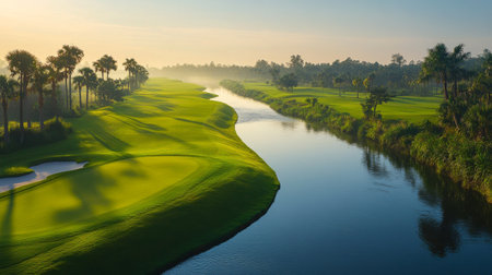 Early morning light casts a gentle glow over the green fairways of a golf course, with a winding river reflecting the vibrant surroundings and palm trees enhancing the tranquil atmosphere.の素材