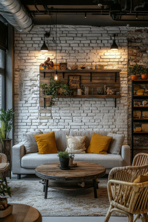 The living area features a stylish gray sofa adorned with yellow cushions, a round wooden coffee table, and decorative plants against a textured white brick wall, creating a warm atmosphere.の素材