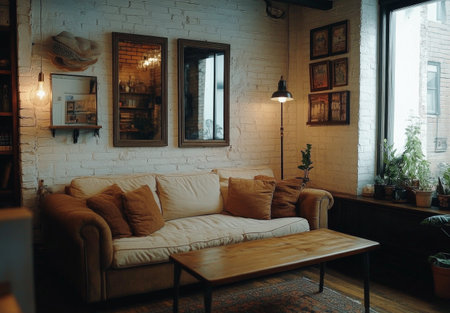 A stylish living room showcases a comfortable sofa adorned with black and beige cushions. The brick walls, modern mirrors, and rustic coffee table create a warm ambiance.の素材