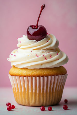 A soft vanilla cupcake features fluffy cream frosting swirled perfectly on top, crowned with a bright red cherry. The pastel pink background enhances the desserts appeal.の素材