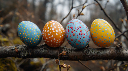 Four vibrantly painted eggs with various patterns are placed on a tree branch. The scene captures the essence of spring, surrounded by budding branches and a soft, natural backdrop.の素材