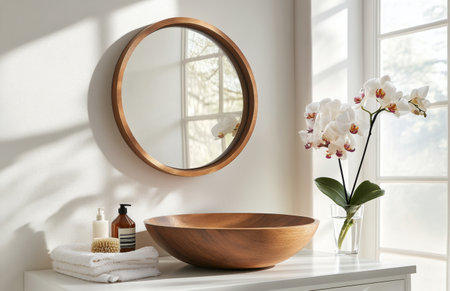 A simple yet sophisticated bathroom arrangement showcases a wooden bowl, a round mirror, and a vase of white orchids. Sunlight filters through the window, adding warmth to the scene.の素材