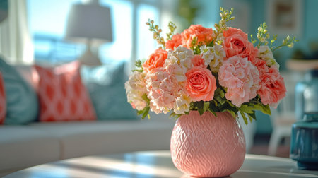 A soft pink vase is filled with delicate white and pink blossoms, positioned on a table in a cozy living area. Natural light filters through, enhancing the inviting atmosphere of the room.の素材