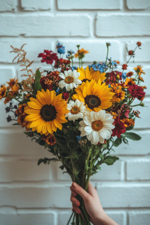 A hand presents a colorful bouquet filled with sunflowers, wildflowers, and greenery set against a stylish brick wall. The arrangement showcases various blooms that brighten the surroundings.の素材