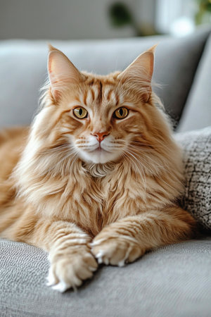 A Maine Coon cat with light orange fur and distinct ear tufts is comfortably resting on a gray sofa. The living room is filled with natural light, creating a warm atmosphere.の素材