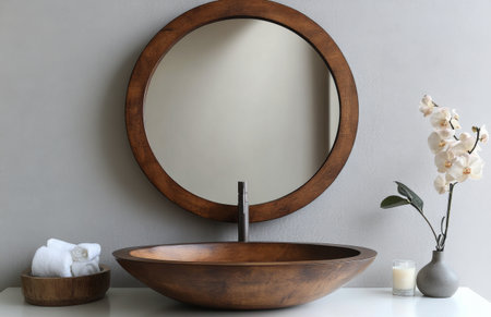 A simple yet sophisticated bathroom arrangement showcases a wooden bowl, a round mirror, and a vase of white orchids. Sunlight filters through the window, adding warmth to the scene.の素材