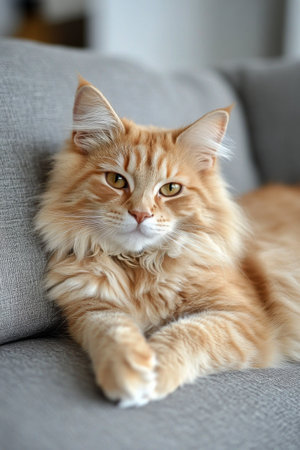 A Maine Coon cat with light orange fur and distinct ear tufts is comfortably resting on a gray sofa. The living room is filled with natural light, creating a warm atmosphere.の素材