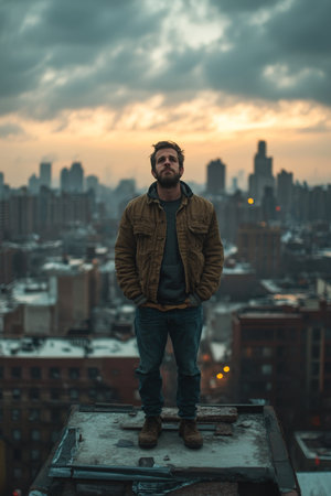 A solitary figure stands on a rooftop, observing the vibrant sunset over a sprawling urban landscape. The sky is filled with dramatic clouds as twilight approaches.の素材