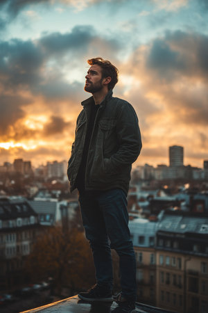A solitary figure stands on a rooftop, observing the vibrant sunset over a sprawling urban landscape. The sky is filled with dramatic clouds as twilight approaches.の素材