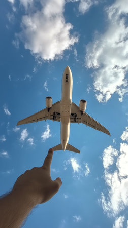 Under a bright blue sky, an individual stretches their hand towards an airplane soaring overhead, surrounded by fluffy white clouds. It captures the spirit of travel and adventure.の素材