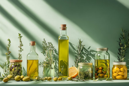 A collection of glass bottles filled with olive oil is displayed alongside fresh olives and green herbs. The setting features a vibrant green background, enhancing the natural product presentation.の素材