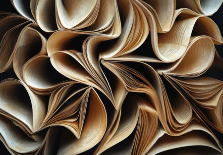 Open book pages are creatively arranged, displaying their delicate curves and layers. The soft lighting highlights the textures and patterns, creating a visually appealing composition.の素材