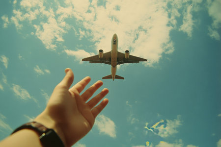 A hand stretches upward while a commercial airplane flies overhead, framed by the branches of leafless trees against a bright blue sky. The moment captures a blend of nature and aviation.の素材